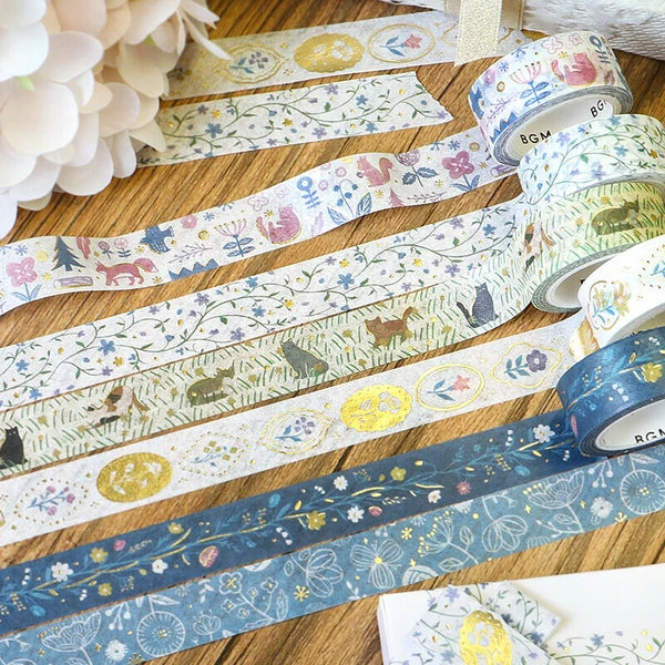 BGM Flower & Grass Handkerchief Washi Tape: Blue Transparent Color