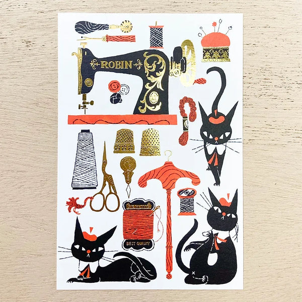 Cozyca x  Kuroneko Design Foil-Stamped Postcard: Sewing