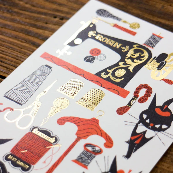 Cozyca x  Kuroneko Design Foil-Stamped Postcard: Sewing